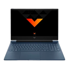 HP Victus Gaming 16-s0007nt 7Z581EA koyu mavi oyuncu laptop; aydınlatmalı V şeklinde ekran tasarımı.
