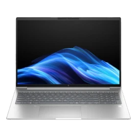 HP EliteBook 6 G1i 16 AI D03KKET gümüş iş ve ofis laptopu açık ekranlı, klavye görünümlü