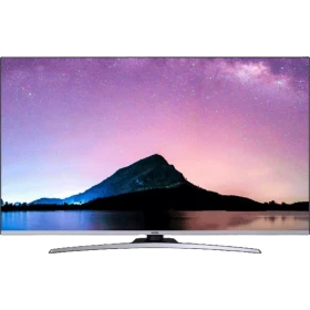 Vestel 65UD9800 Ultra HD 4K LED televizyon, ince çerçeveli siyah tasarımı ve manzara ekranıyla önden görünüm