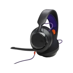 JBL Quantum 250 Kablolu siyah kulaklık, ayarlanabilir mikrofonu ve mor detaylarıyla geschniegelt
