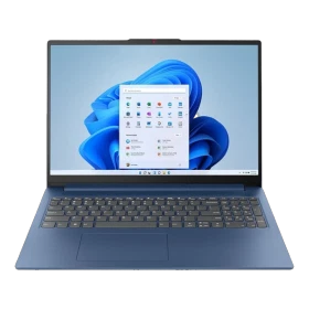 Lenovo IdeaPad Slim 3 83K10062TR-EP11 mavi iş ve ofis laptopu, önden açık ekran ve tam klavye görünümü