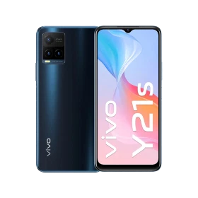 Vivo Y21s mavi akıllı telefon, ön ekran ve arka kamera tasarımıyla ana ürün görünümü