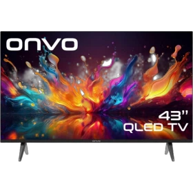 Onvo 43OVF9000FQ 43 inç Full HD LED televizyon, renkli ekranı ve siyah ayaklı tasarımıyla
