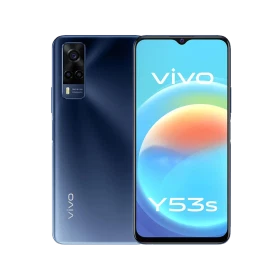 Vivo Y53s mavi akıllı telefon, ön ekran ve arka kamera tasarımıyla vitrin ürün görünümü