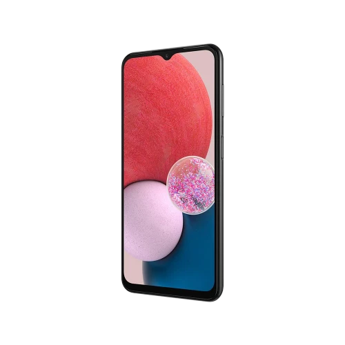 Samsung Galaxy A13 siyah akıllı telefon, önden görünüm, ince çerçeveli ekran ve damla çentik tasarımı