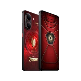 Kırmızı Poco X7 Pro Ironman Edition akıllı telefon, Iron Man temalı arka kapak ve ön ekran tasarımıyla