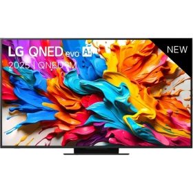 LG 65QNED9MA6B Ultra HD 4K QNED televizyon, canlı renklerle soyut ekran tasarımı ve “NEW” etiketi.