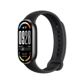 Xiaomi Smart Band 10 siyah akıllı bileklik, renkli ekranı ve ayarlanabilir silikon kordonuyla önden görünür halde