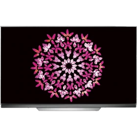 LG OLED55E7V Ultra HD 4K televizyon, siyah çerçeve üzerinde pembe çiçekli kanal ekranı ile vitrin görünümü