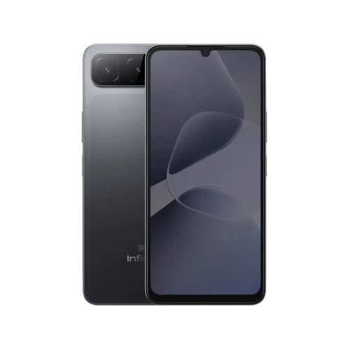 Siyah Infinix Hot 60i 5G akıllı telefonun ön ve arka görünümü, geniş ekran ve çift kamera tasarımı