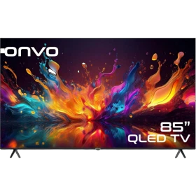 Onvo 85OVF9000UQ Ultra HD 4K LED televizyon, renkli ekranı ve ayaklı tasarımıyla önden görünüm