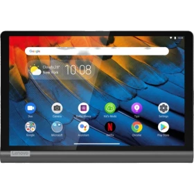 Lenovo Yoga Smart Tab gri tablet ön görünüm; renkli tüy desenli ekran ve uygulama kısayolları görünüyor