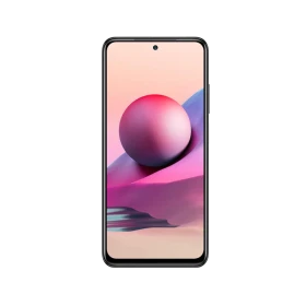 Xiaomi Redmi Note 10S siyah akıllı telefonun önden görünümü, tam ekran ve ortada ön kamera deliği