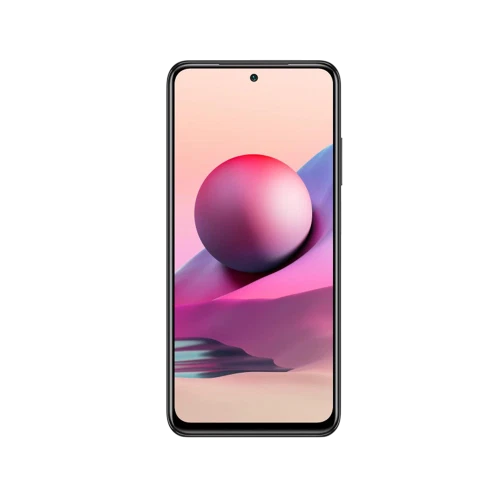 Xiaomi Redmi Note 10S siyah akıllı telefonun önden görünümü, tam ekran ve ortada ön kamera deliği