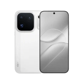Beyaz Oppo Find X10 Pro Max telefonun ön ve arka yüzü, kamera modülü ve ekranıyla birlikte gösteriliyor
