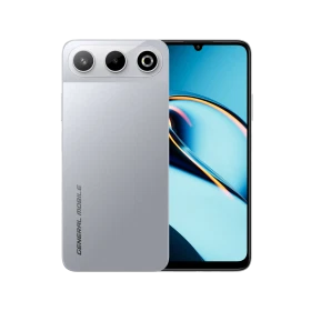 Gri General Mobile GM 26 5G akıllı telefon, ön ekranı ve üç arka kameralı arka yüzüyle vitrin görünümü