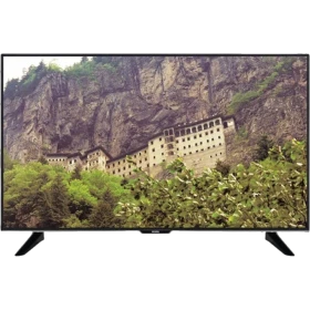 Vestel 43UB8800 Ultra HD 4K siyah LED televizyon, doğa manzarası gösteren ekranıyla önden görünüm