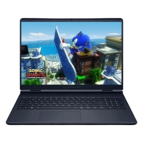 Siyah Dell Alienware 16 Aurora AC16250 oyuncu laptop; açık ekranında oyun görüntüsü ve klavye görünüyor.