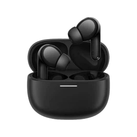 Xiaomi Redmi Buds 8 tam kablosuz siyah kulaklık, açık şarj kutusuyla önden görünür.