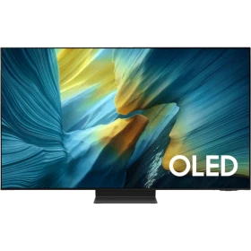 Samsung 65S95F 65 inç OLED Ultra HD 4K televizyon; canlı mavi-sarı ekran görüntüsüyle vitrin görünümü
