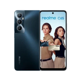 Realme C65 siyah akıllı telefon, ön ekran ve arka kamera tasarımıyla vitrin görünümü