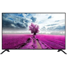 Vestel 49UD9390 Ultra HD 4K LED televizyon, siyah çerçeveli ekranda pembe tarlada ağaç manzarası