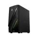 MSI MAG Infinite E1 14NUC5-080XTR siyah masaüstü bilgisayar kasası, yeşil LED ışık detayıyla önden görünüm