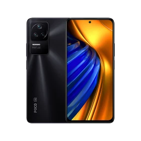 Siyah Poco F4 akıllı telefonun ön ekranı ve üç kameralı arka tasarımı, ana ürün görünümü