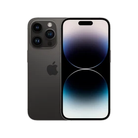 Siyah Apple iPhone 14 Pro akıllı telefon, önden ekran ve arkada üçlü kamera modülü görünümü