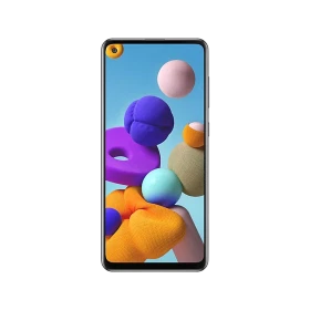 Samsung Galaxy A21s siyah akıllı telefon, ön yüz ekran görünümüyle vitrin ürün çekimi