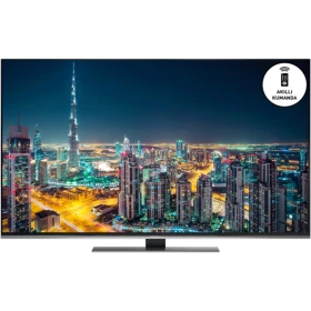 Grundig 55 VLX 9750 SP Ultra HD 4K LED televizyon, şehir manzarası ve akıllı kumanda simgesiyle