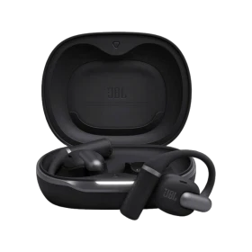 JBL Sense Pro Tam Kablosuz siyah kulaklık, açık şarj kutusu içinde kulaklıklarla birlikte sergileniyor