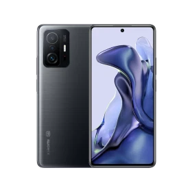 Xiaomi 11T siyah akıllı telefonun ön ve arka görünümü, geniş ekran ve üçlü arka kamera modülü