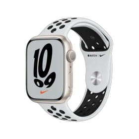 Apple Watch Nike Series 7 45 mm yıldız ışığı alüminyum kasa, beyaz delikli Nike spor kordon