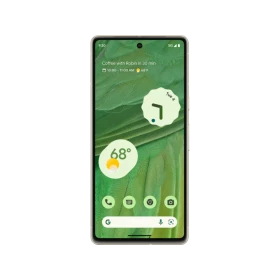 Yeşil Google Pixel 7 akıllı telefon, ön yüzü ve ana ekranı açık şekilde dikey konumda