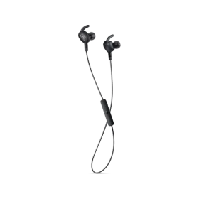 JBL Everest 100 Kablosuz siyah kulaklık, boyun askılı tasarımı ve kulak içi uçlarıyla önden görünüm