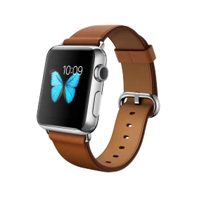 Apple Watch 38 mm gümüş paslanmaz çelik kasalı, kahverengi klasik tokalı kayışlı akıllı saat