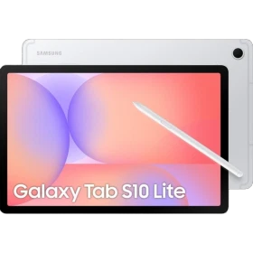 Samsung Galaxy Tab S10 Lite 5G gümüş tablet; ekranda renkli arayüz ve kalem görünüyor