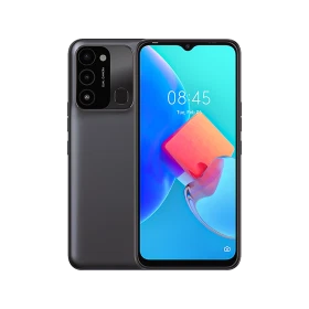 Siyah Tecno Spark 8 C akıllı telefon, ön ekran ve arka kamera modülüyle vitrin görünümü