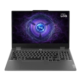 Lenovo LOQ 15IRX10 83JE00EBTR gri oyuncu laptop, açık ekran ve tam klavye görünümüyle önden görünüm