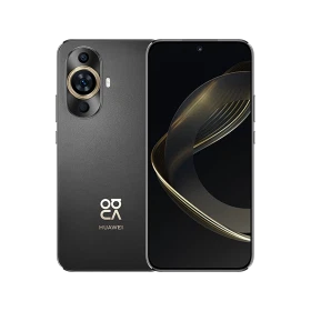 Huawei Nova 11 siyah akıllı telefon, ön ekran ve arka kamera tasarımıyla vitrin görünümü