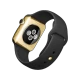 Apple Watch Edition 38 mm akıllı saat, 18 ayar sarı altın kasa ve siyah spor kordon detaylarıyla açıdan görünür