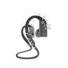 JBL Endurance DIVE Kablosuz siyah kulaklık, su damlalarıyla çevrili sportif tasarımıyla önden görünüm