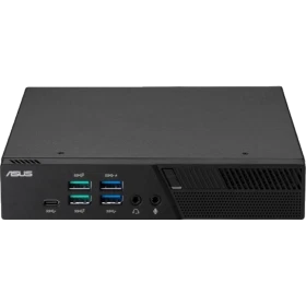 Asus PB60-BP00I3K masaüstü bilgisayar, siyah kasası ve ön paneldeki USB bağlantılarıyla görüntüleniyor.