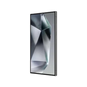 Titanyum Siyah Samsung Galaxy S24 Ultra akıllı telefon, ince çerçeveli ekran ve yan tuş detaylarıyla önden görünüm