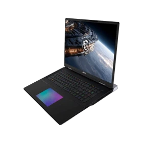 MSI Titan 18 HX A2WJ-1058TR siyah oyuncu laptop, açık ekranda uzay temalı görüntü ve RGB klavye.