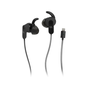 JBL Reflect Aware Kablolu siyah kulaklık, kulak içi tasarım ve Lightning bağlantı kablosuyla sunuluyor