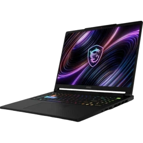MSI Raider 16 HX B2WH-091TR siyah oyuncu laptop; RGB klavye ve kalkan ejderha logosu görünüyor.