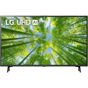 LG 43UQ80009LB Ultra HD 4K LED Televizyon ekranında yeşil ağaç görüntüsü, Ultra HD AI ThinQ vurgusu