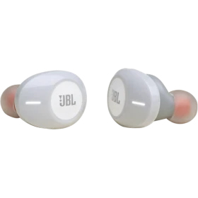 JBL Tune 120TWS tam kablosuz beyaz kulaklık, iki kulaklığı ve pembe silikon uçlarıyla birlikte görünür.